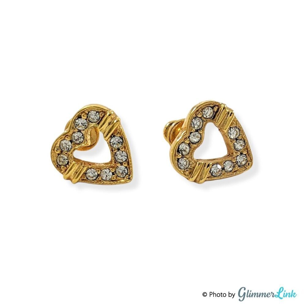Vintage Roman Heart Rhinestone Gold Tone Stud Earrings